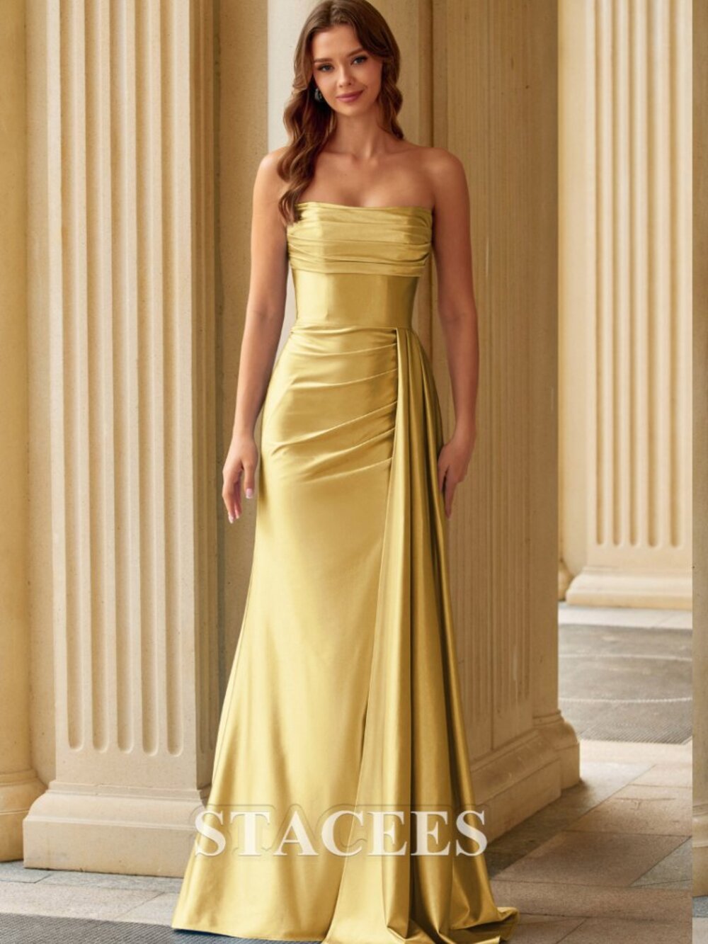 NWT Stacees Fitted Strapless Ruched Corset Prom Dress with Side Drape Slit